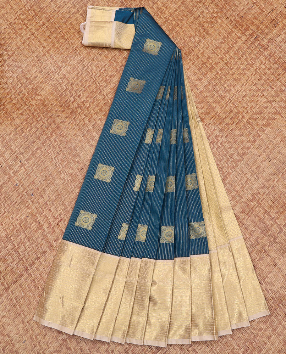 Blue Budget Silk Saree, Designed with Zari Stripes and Square-Shape Zari Buttas All Over Its Body, Complemented by a Contrast Traditional Zari Design Border, Pallu Woven with Jaal Designs, and Paired with a Contrast Blouse