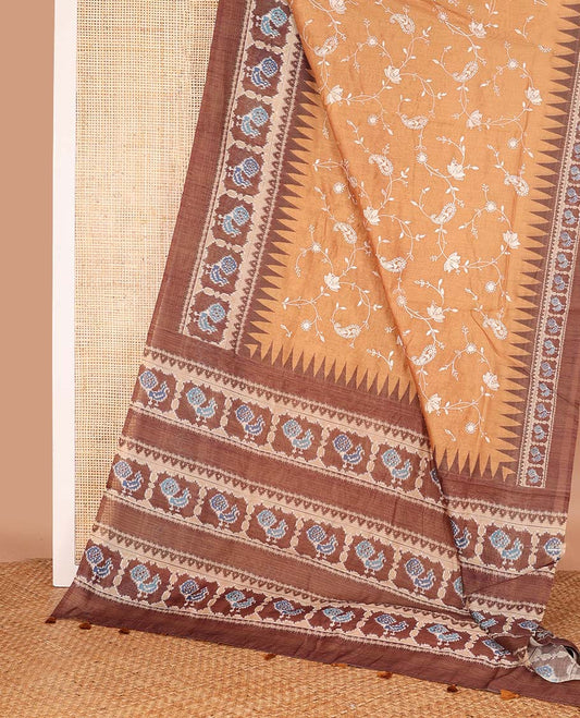 Orange paisley vine printed chanderi cotton saree, contrast temple border and pallu of ikkat peacock print