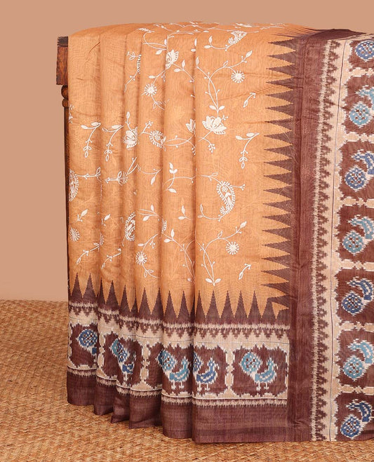 Orange paisley vine printed chanderi cotton saree, contrast temple border and pallu of ikkat peacock print