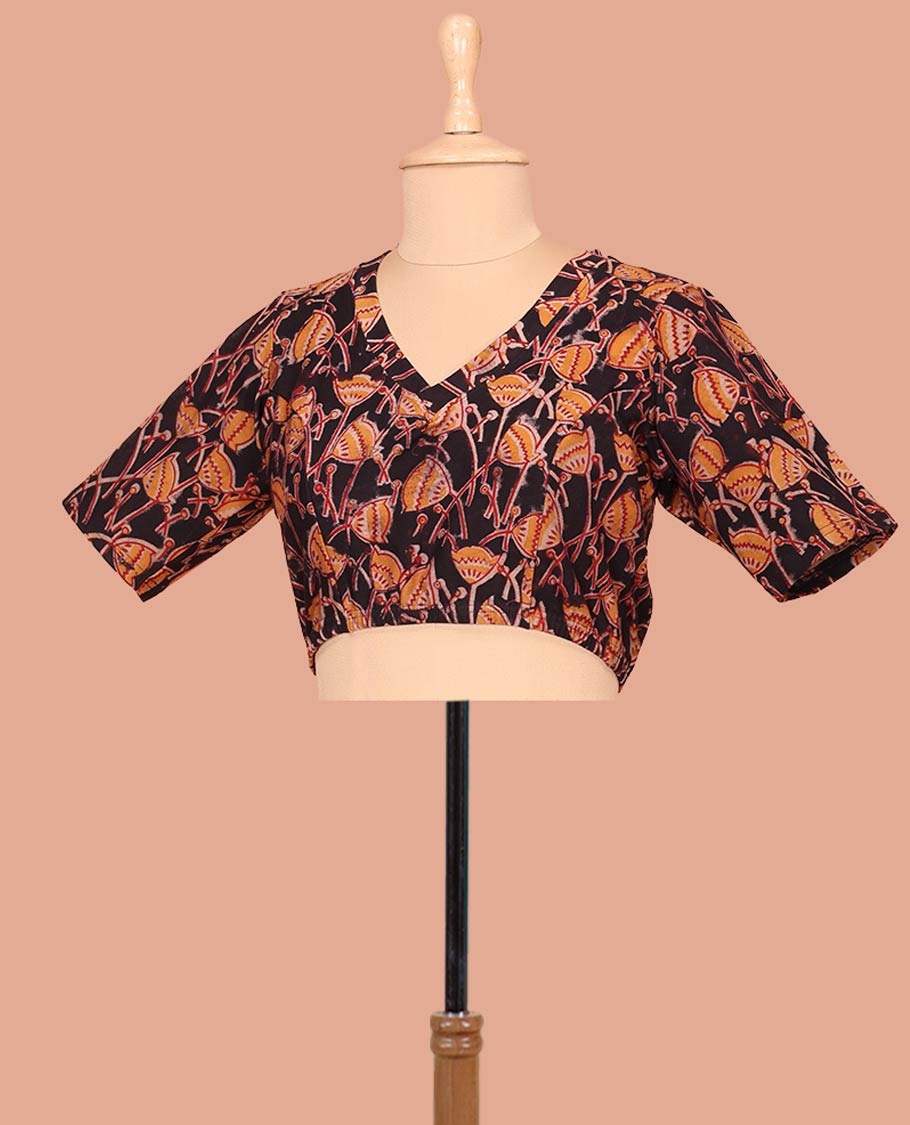 Black Cotton Readymade Blouse Majestically Detailed with All-Over Lotus Motifs Print, Front V-Neck, Back Round Neck, and Elbow Sleeves