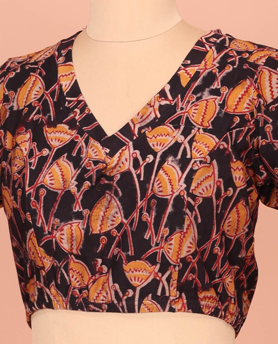 Black Cotton Readymade Blouse Majestically Detailed with All-Over Lotus Motifs Print, Front V-Neck, Back Round Neck, and Elbow Sleeves