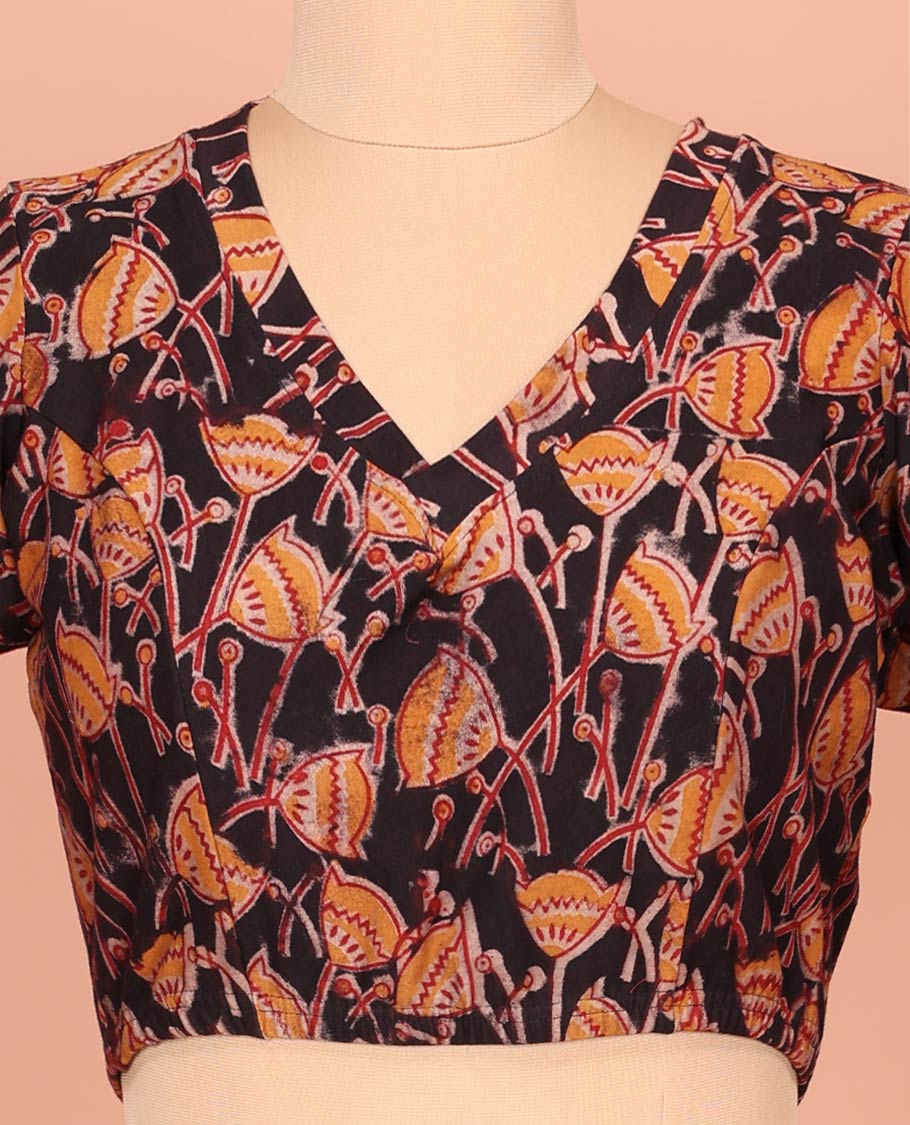 Black Cotton Readymade Blouse Majestically Detailed with All-Over Lotus Motifs Print, Front V-Neck, Back Round Neck, and Elbow Sleeves