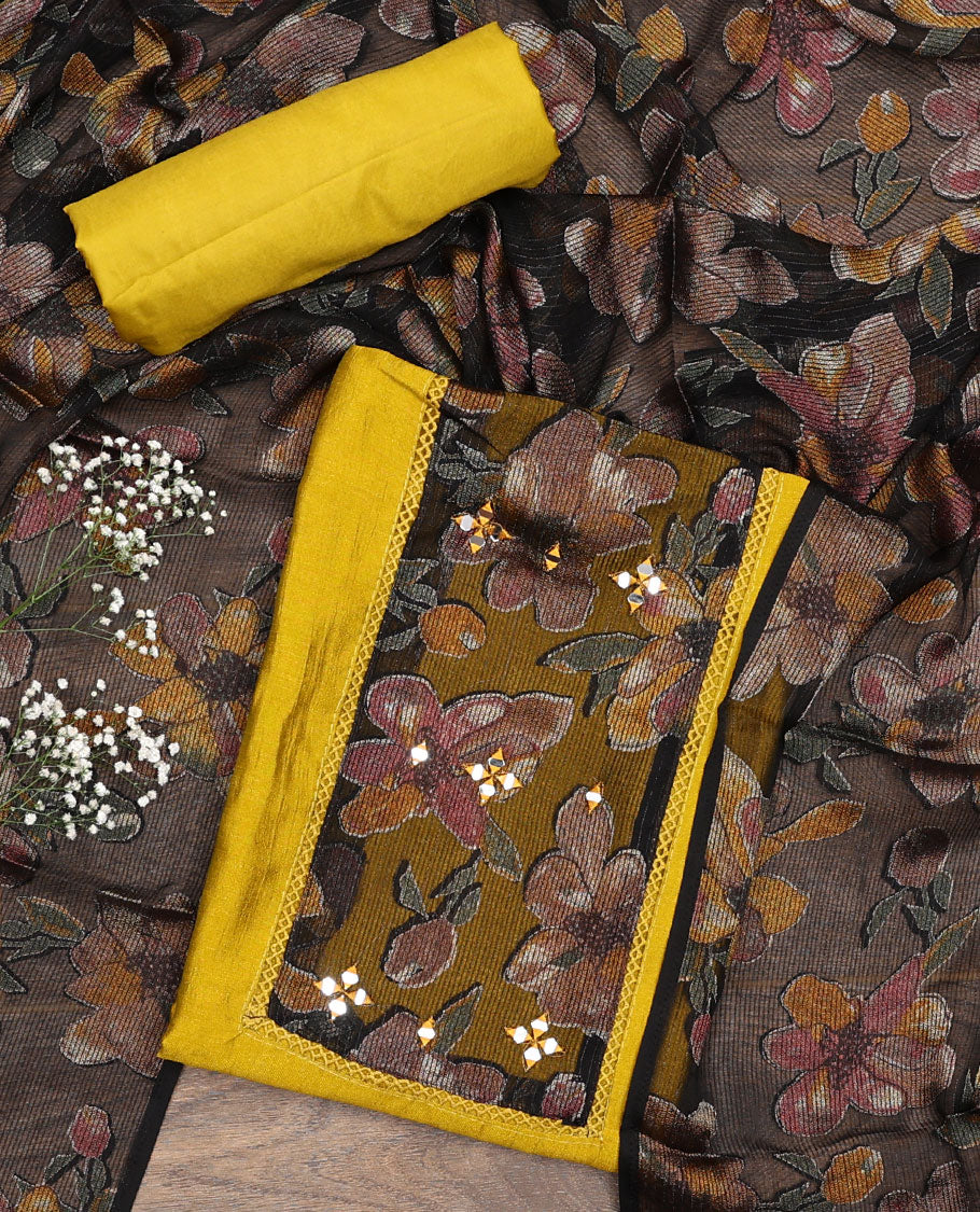 Yellow material chudidar set, plain with patch embroidered work top, plain bottom, and floral printed dupatta