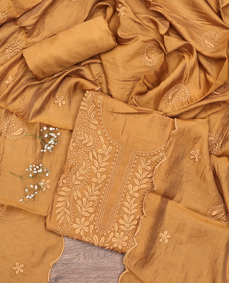 Yellow Material Chudidar Set, Delicately Woven with Floral-Paisley Embroidered Muslin Top, a Plain Santoon Bottom, and Paired with Intricately Printed Muslin Dupatta
