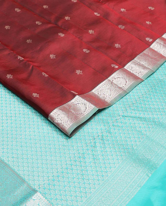 Maroon zari buttas Vasundhara silk mix saree, contrast jada nagam design border & leaf motifs pallu