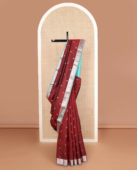 Maroon zari buttas Vasundhara silk mix saree, contrast jada nagam design border & leaf motifs pallu
