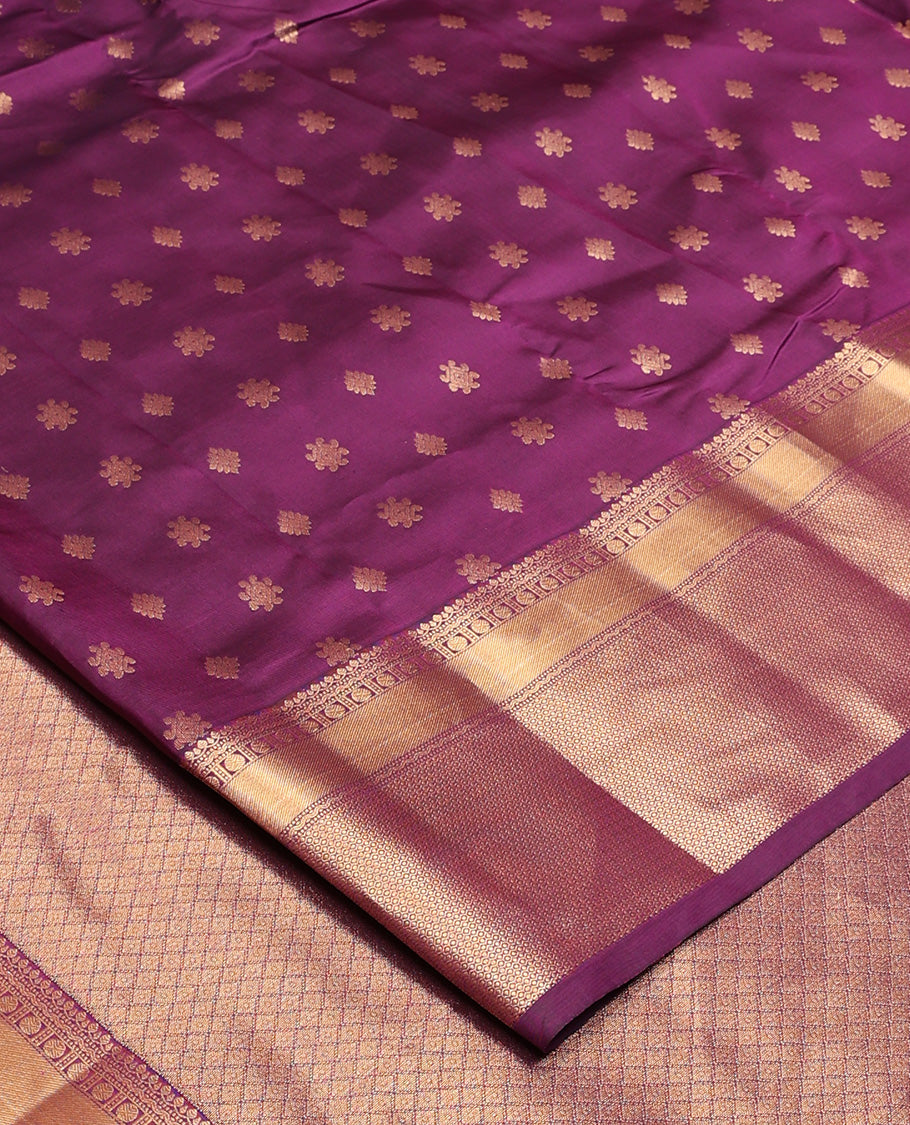 Purple zari buttas Vasundhara silk mix saree, traditional zari border of thilakam,muthu, and poun, and jaal pallu