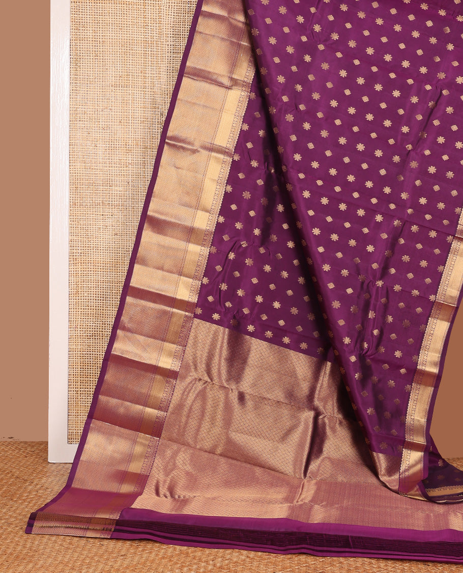 Purple zari buttas Vasundhara silk mix saree, traditional zari border of thilakam,muthu, and poun, and jaal pallu