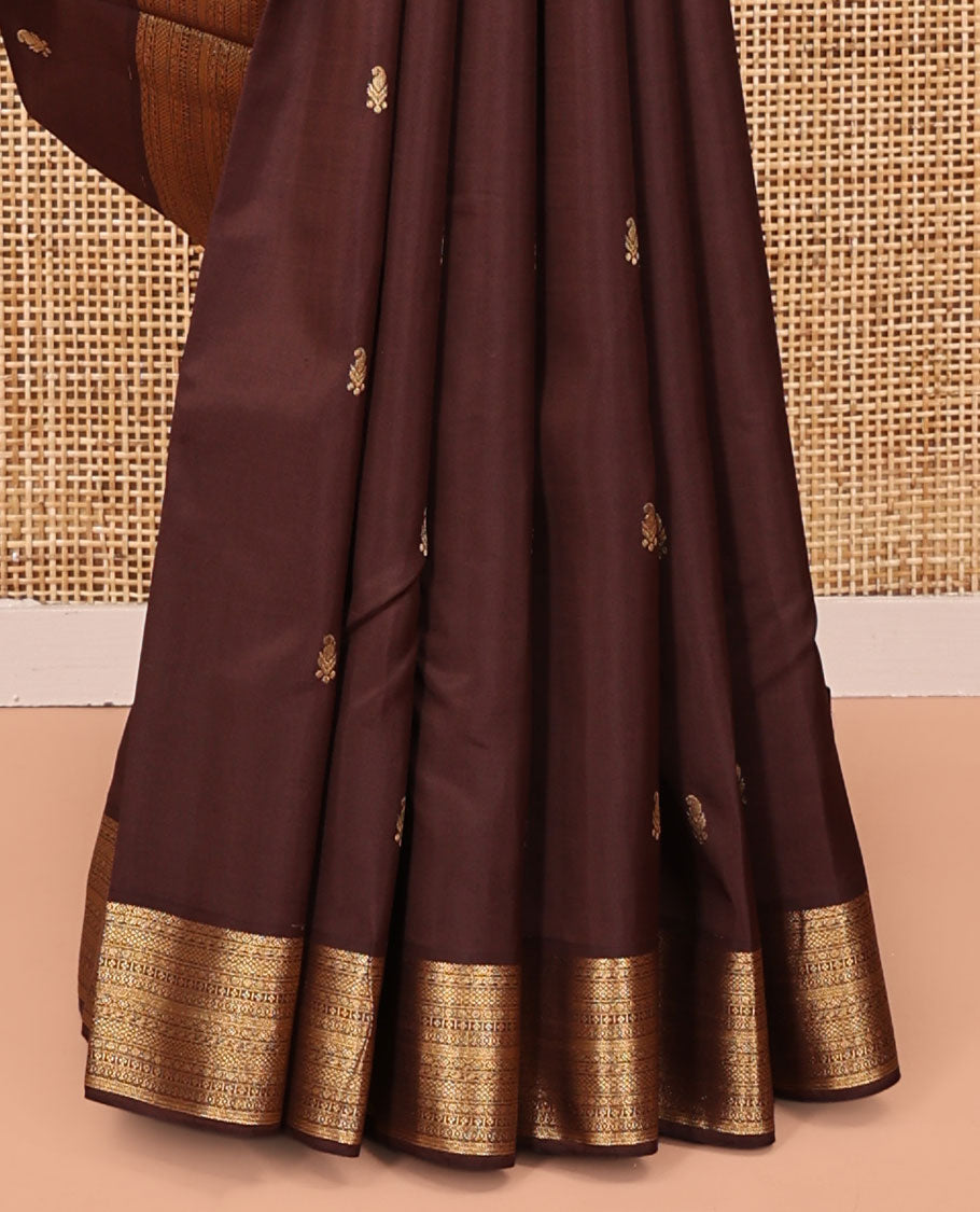 Brown Vasundhara Lite Silk Mix Saree, Embellished with Zari Buttas All Over Its Body, Highlighted by Zari Border of Geometric Patterns, Intricately Designed Pallu, and Paired with a Matching Blouse