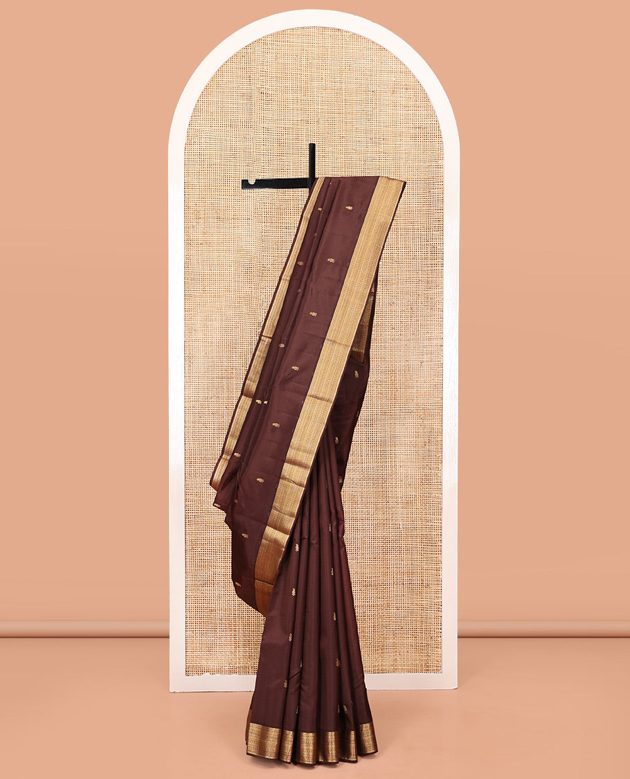 Brown Vasundhara Lite Silk Mix Saree, Embellished with Zari Buttas All Over Its Body, Highlighted by Zari Border of Geometric Patterns, Intricately Designed Pallu, and Paired with a Matching Blouse