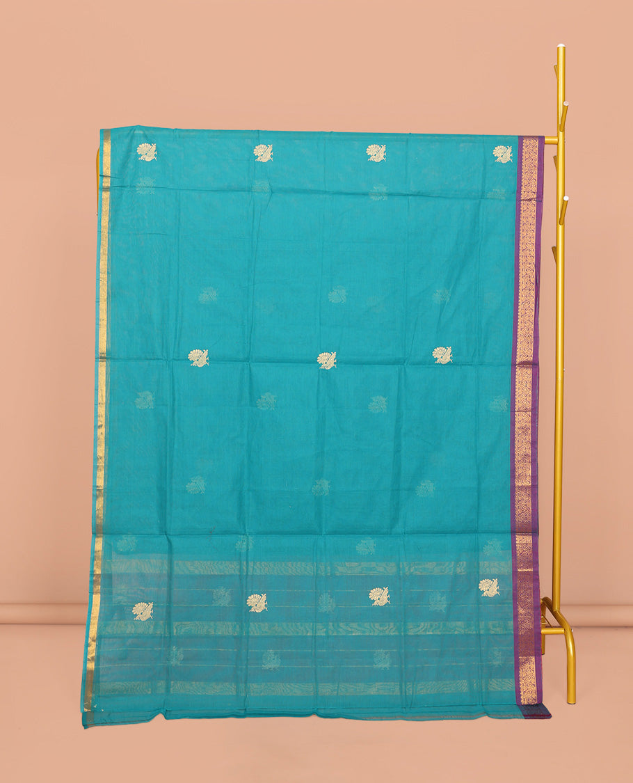 Blue Dual-tone Venkatagiri Cotton Saree Featuring Peacock Buttas, a Contrast Zari Border, Pallu of Buttas and Stripes, and No Blouse