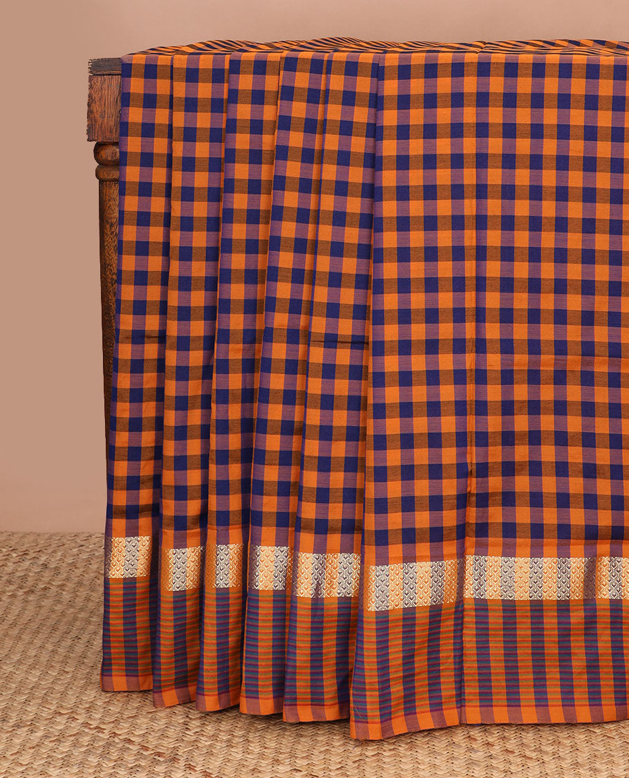 Multi-color checked design poly cotton saree, traditional zari border of stripes & striped pallu
