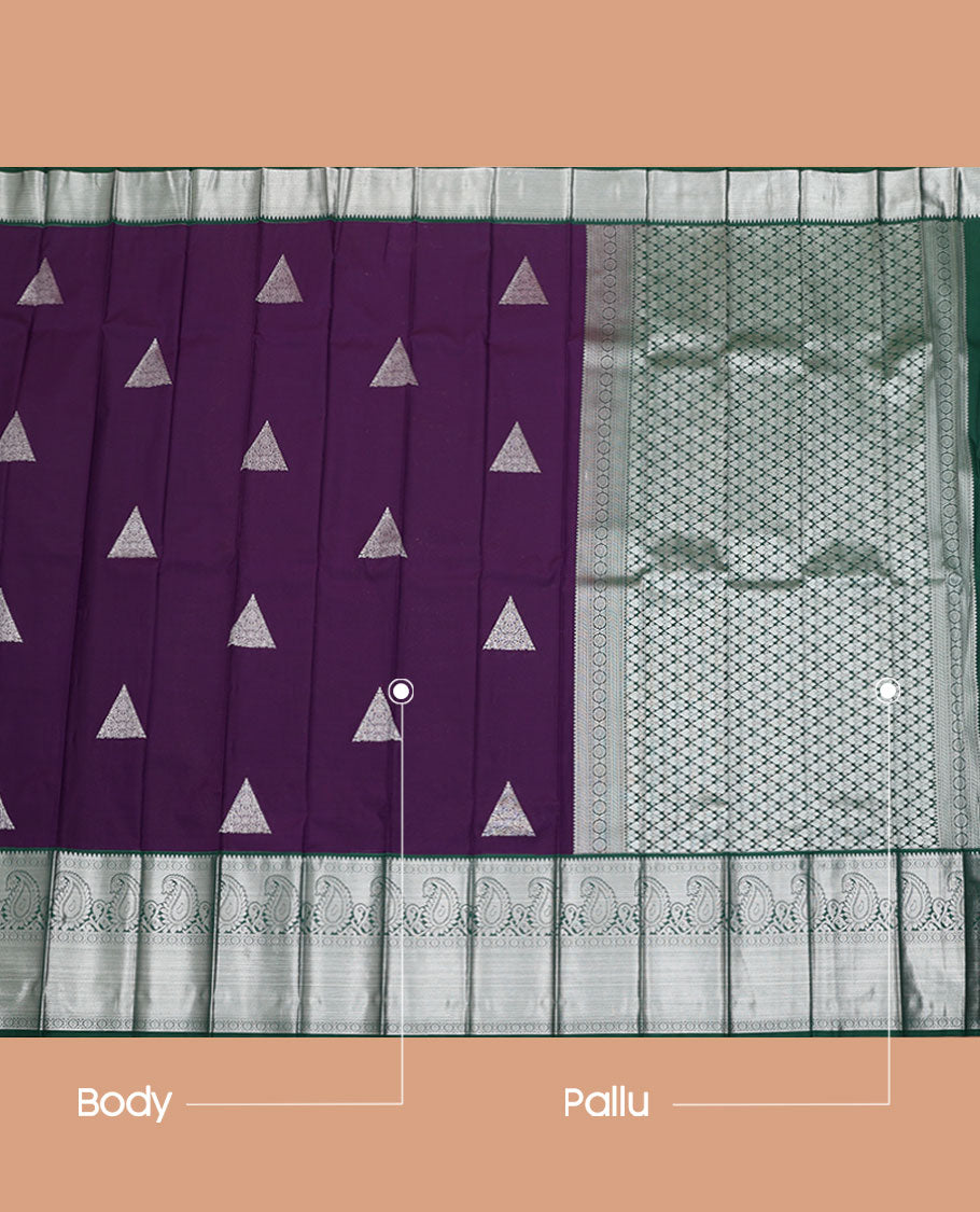 Violet Budget Silk Saree, Bedecked with Triangle Buttas All Over Its Body, Complemented by a Contrast Traditional Zari Design Border, Grand Jaal Pallu, and Paired with a Contrast Blouse