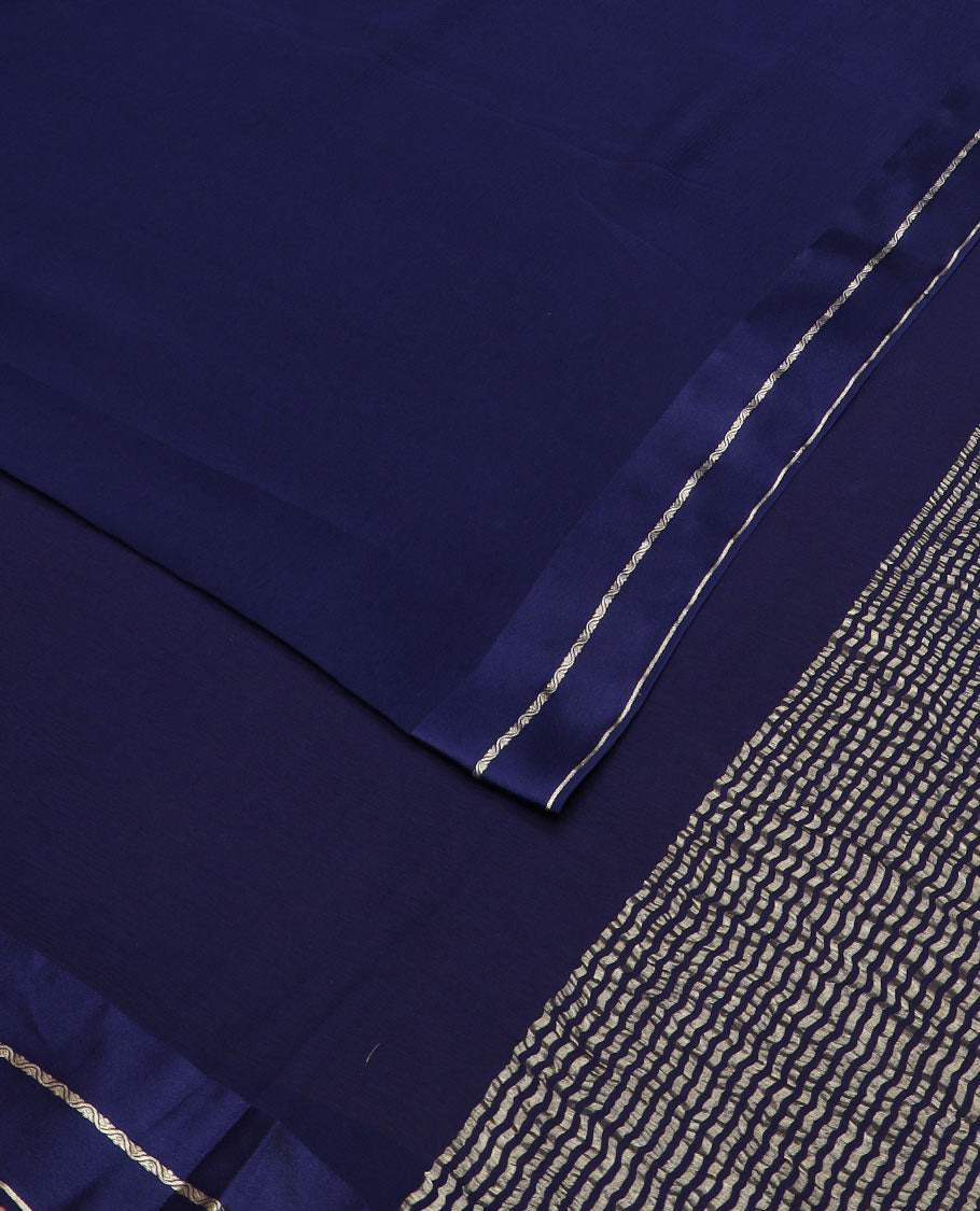 Navy blue plain design pure chiffon saree, zari border of neli kathir design, and pallu steeped with zari stripes