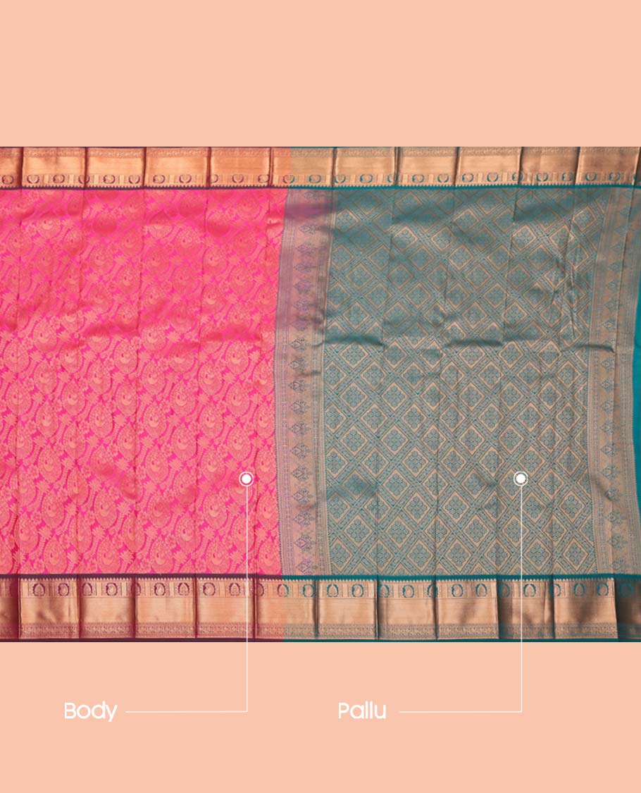 Pink Budget Silk Saree, Woven with Jacquard Design, Complemented by a Contrast Traditional Zari Border, Grand Jaal Pallu, and a Contrast Blouse