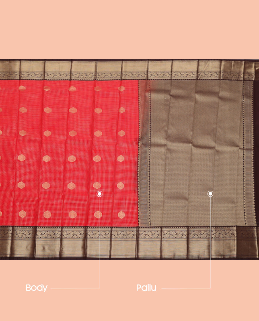Red Budget Silk Saree, Woven with Zari Buttas and Checks, Complemented by a Contrast Traditional Zari Border, Grand Pallu, and Contrast Blouse