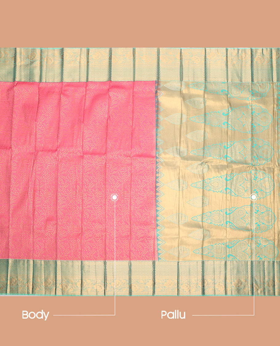 Pink Budget Silk Saree, Elevated with Jacquard Design, Complemented by a Contrast Traditional Zari Border, Grand Pallu, and Contrast Blouse