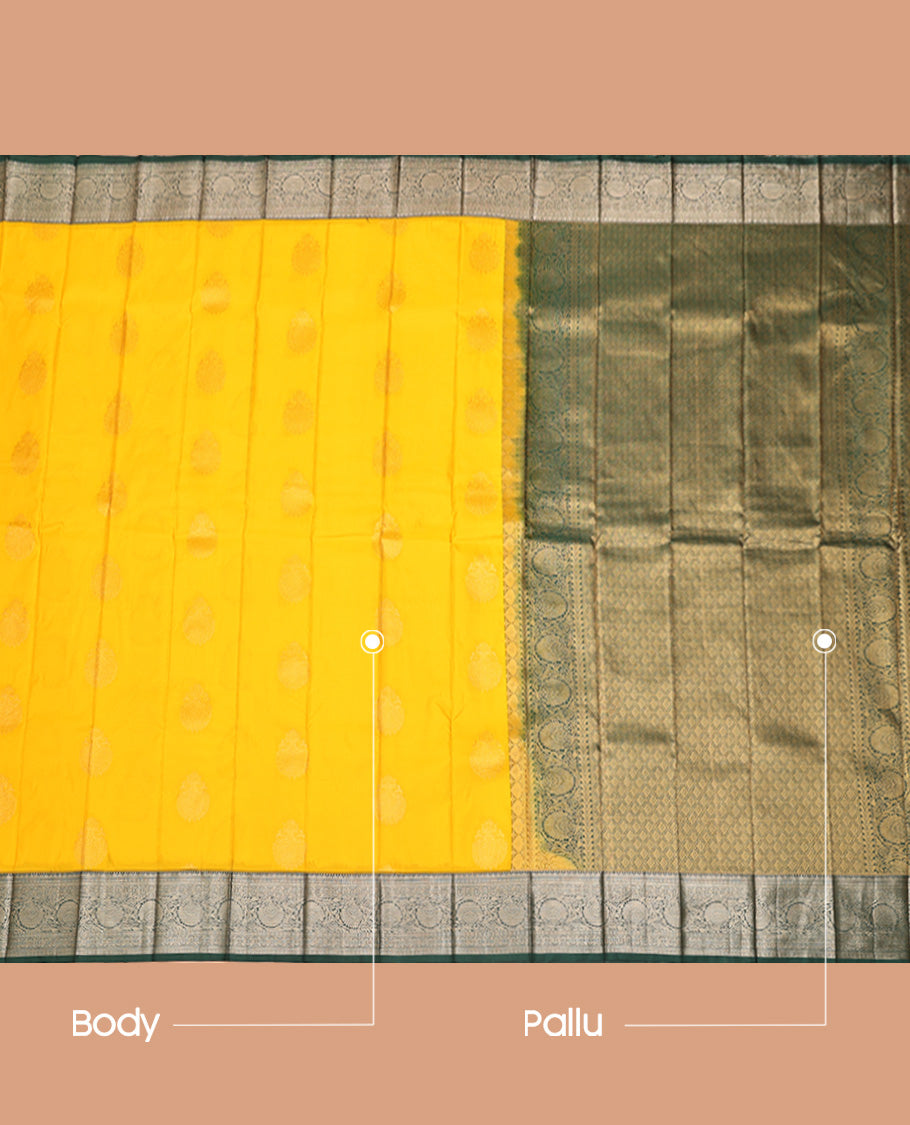 Yellow Budget Silk Saree, Subtly Sparkled with Zari Buttas, Captivating Contrast Traditional Zari Design Border, Grand Jaal Pallu, and Has a Contrast Blouse