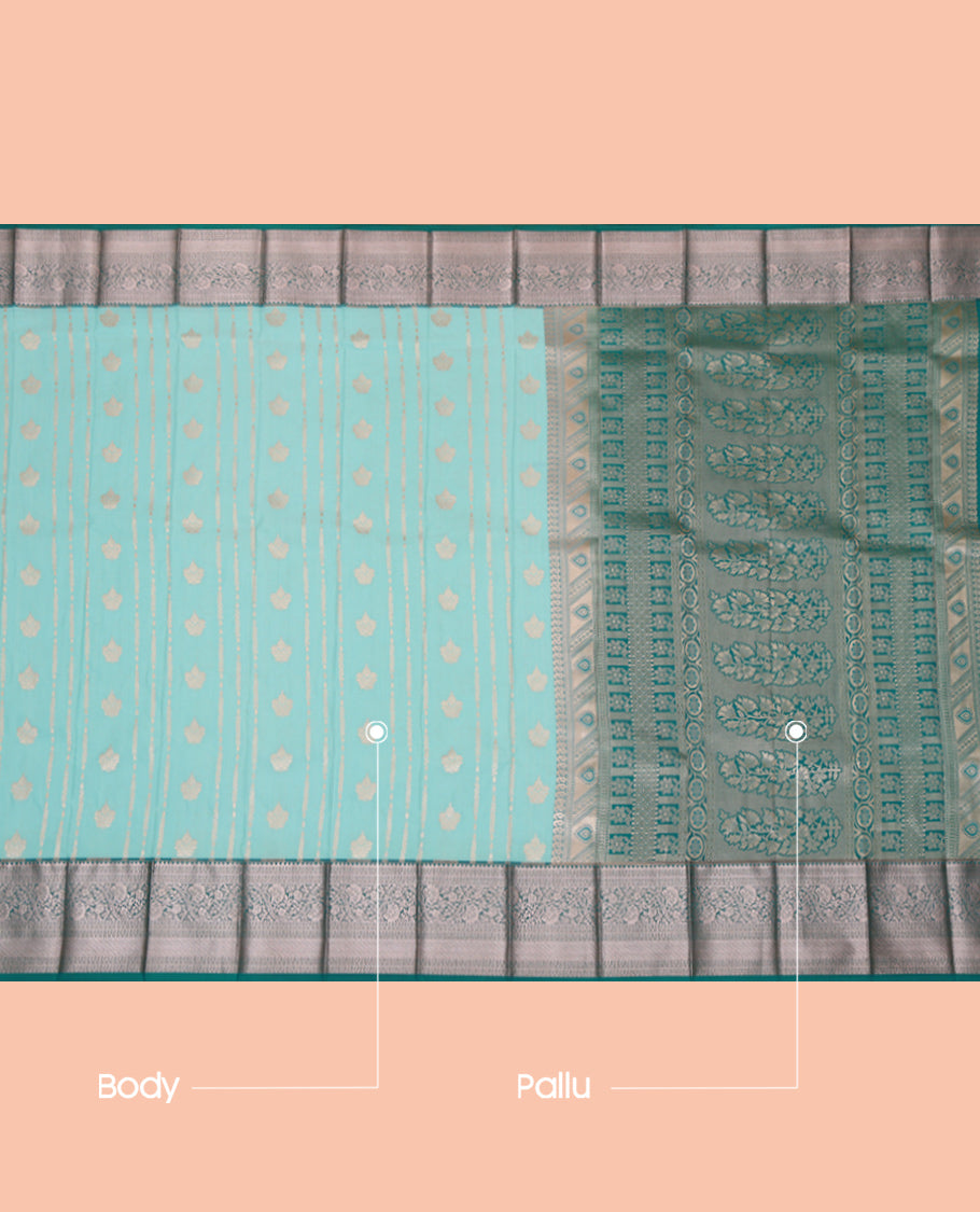 Blue Budget Silk Saree, Subtly Enriched with Zari Designs, Complemented by a Contrast Traditional Zari Border, Floral Pallu, and a Contrast Blouse