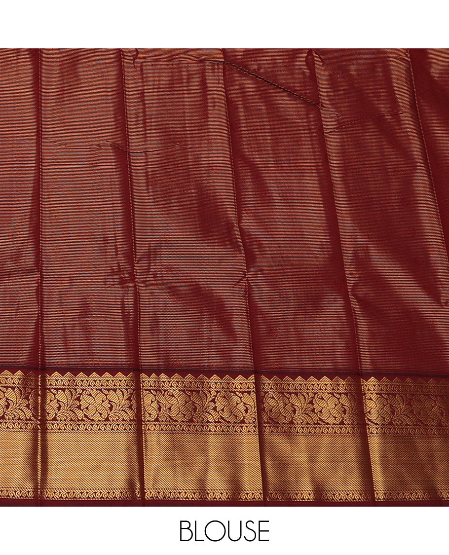 Chikku Budget Silk Saree, Sparsely Threaded with Zari Buttas, Complemented by a Contrast Traditional Zari Border, Grand Pallu, and a Contrast Blouse