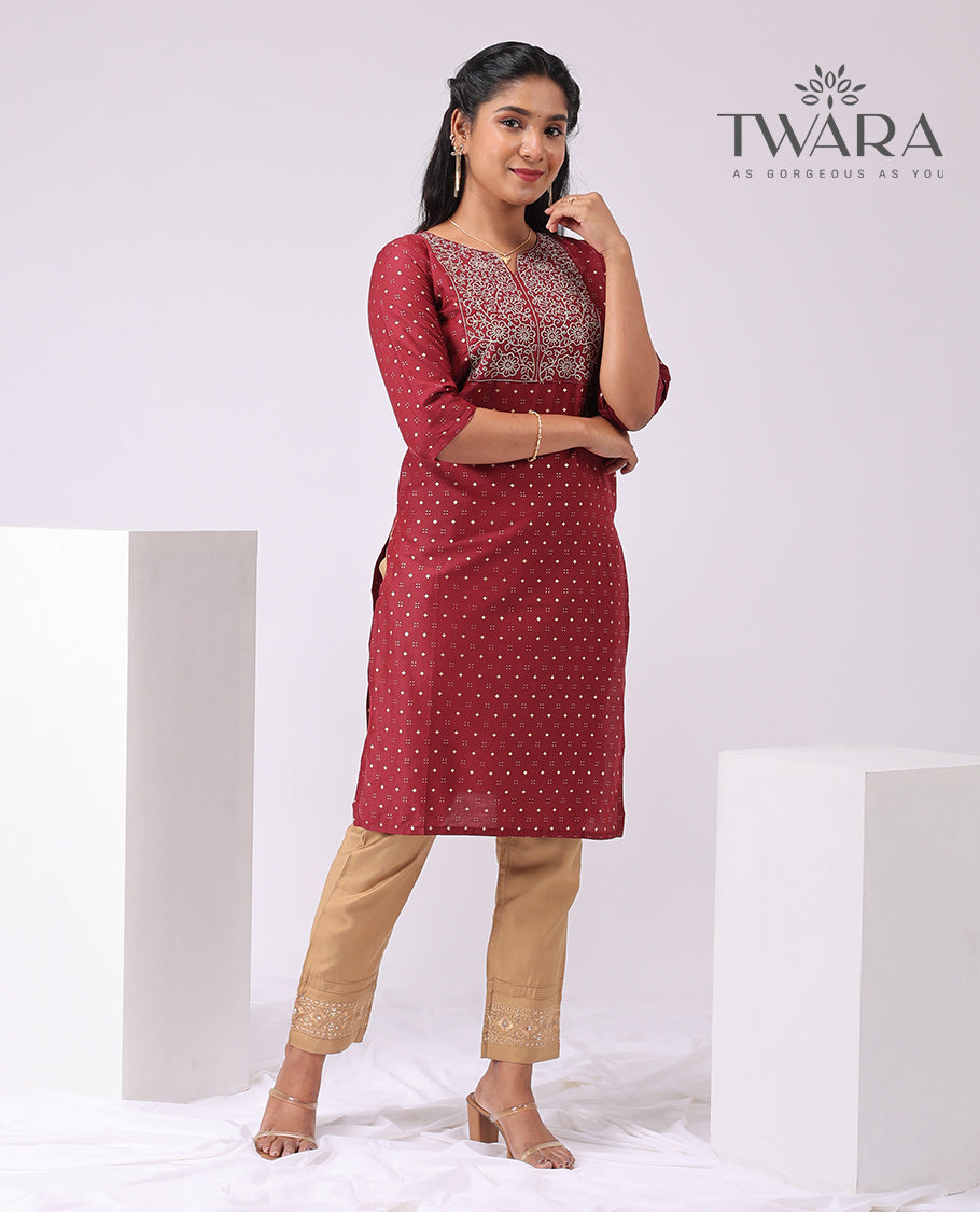 Twara red floral embroidered round neck 3/4 th sleeve , knee lenght straight cut kurti