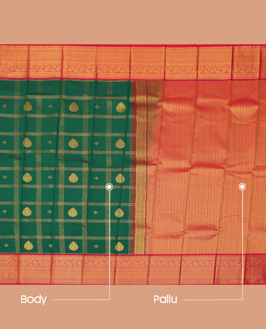 Green Budget Silk Saree, Woven with Zari Butta Enclosed Checks, a Contrast Traditional Zari Border, Grand Pallu, and a Contrast Blouse