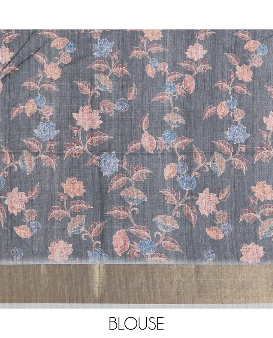 Blue hand-brush-dye theme printed semi-tusser silksaree,bavanji zari border,Madhubani printed pallu & floral print blouse
