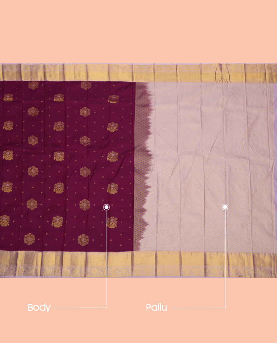Purple Budget Silk Saree, Enthralled with Zari Buttas, a Contrast Traditional Zari Border, Grand Jaal Pallu, and a Contrast Blouse