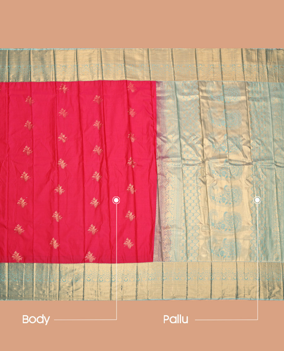 Red Budget Silk Saree, Gleamed Up with Zari Buttas, Complemented by a Contrast Traditional Border, Grand Pallu, and a Contrast Blouse