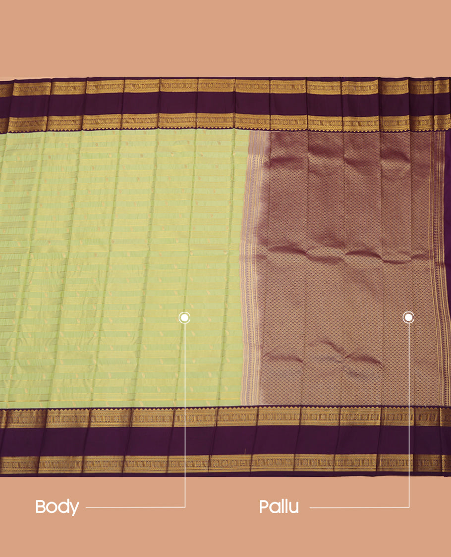 Green Budget Silk Saree, Gleamed Up with Zari Buttas and Stripes, a Contrast Traditional Zari Rettai Pettu Border, Grand Pallu, and a Contrast Blouse