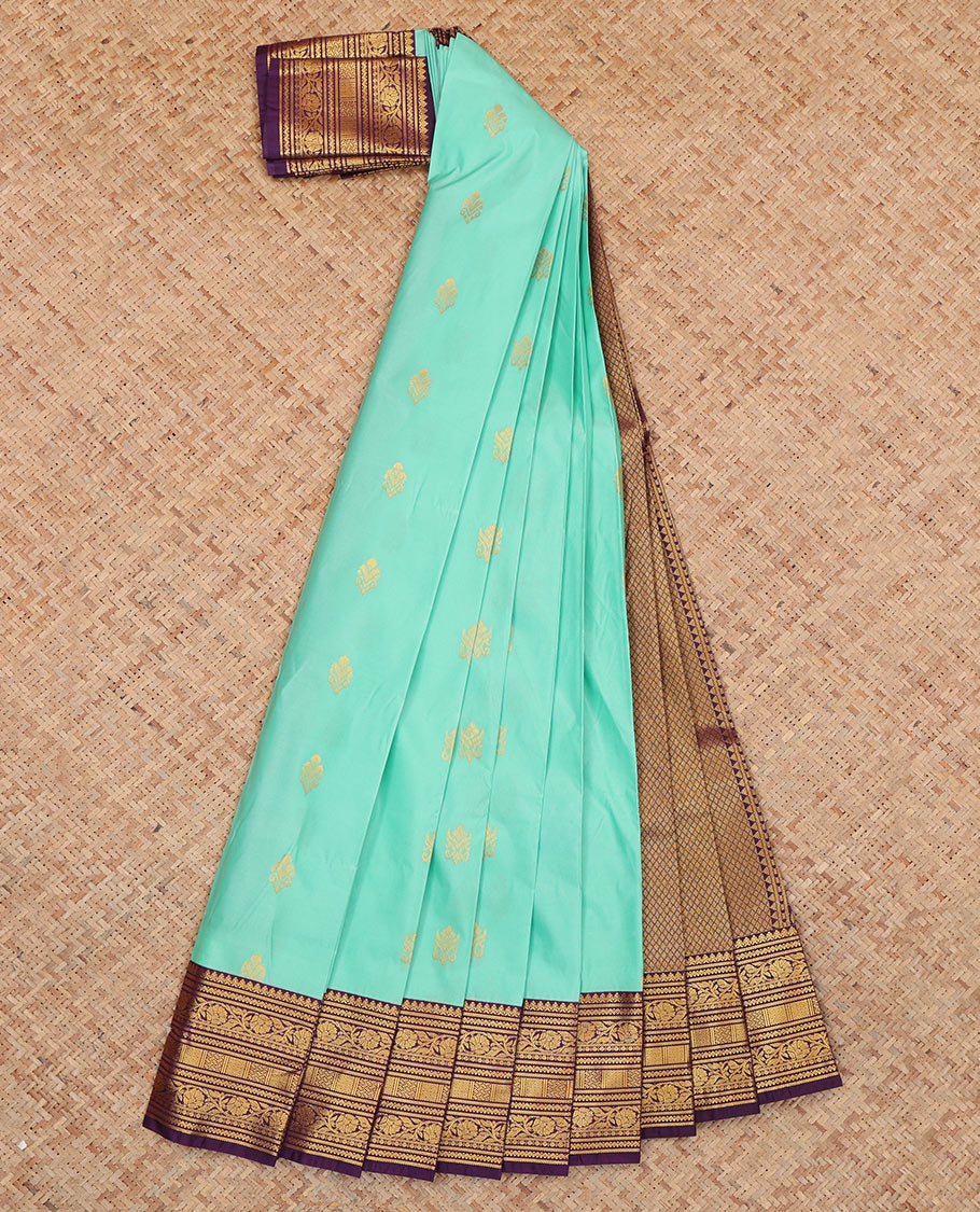 Blue Budget Silk Saree, Enlivened with Zari Buttas, Complemented by Contrast Traditional Zari Border, a Jaal Pallu and a Contrast Blouse