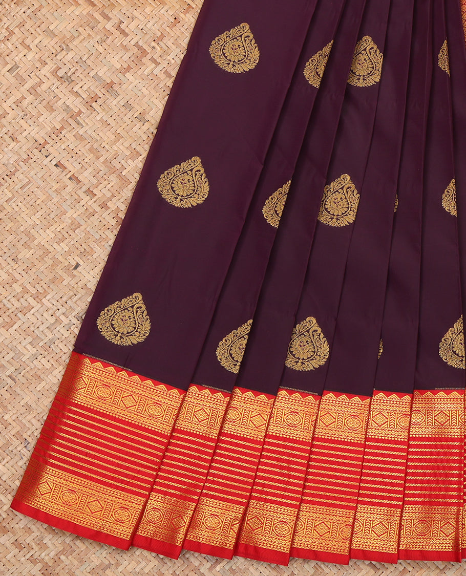 Maroon Budget Silk Saree, Embellished with Zari Buttas, a Contrast Traditional Zari Border, Grand Pallu, and a Contrast Blouse