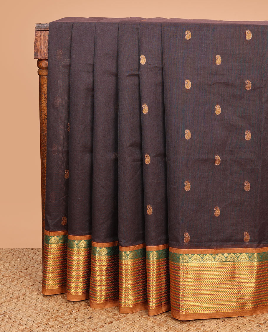Brown paisley buttas Venkatagiri cotton saree, contrast traditional zari design border, and zari striped pallu