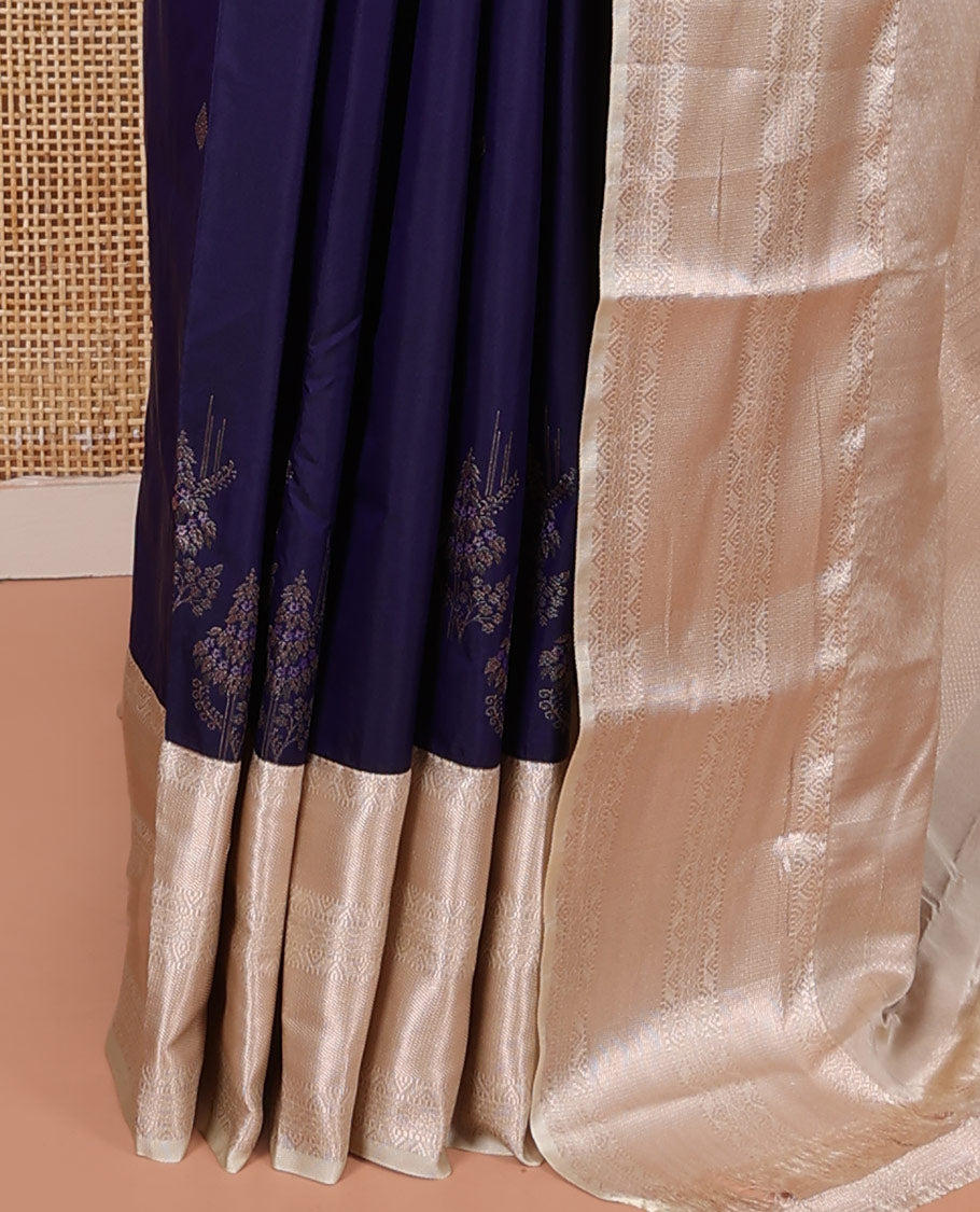 Blue Budget Silk Saree, Decorated with Zari Buttas on Its Body, Complemented by a Contrast Traditional Zari Design Border, Diagonally Designed Pallu, and Paired with a Contrast Blouse