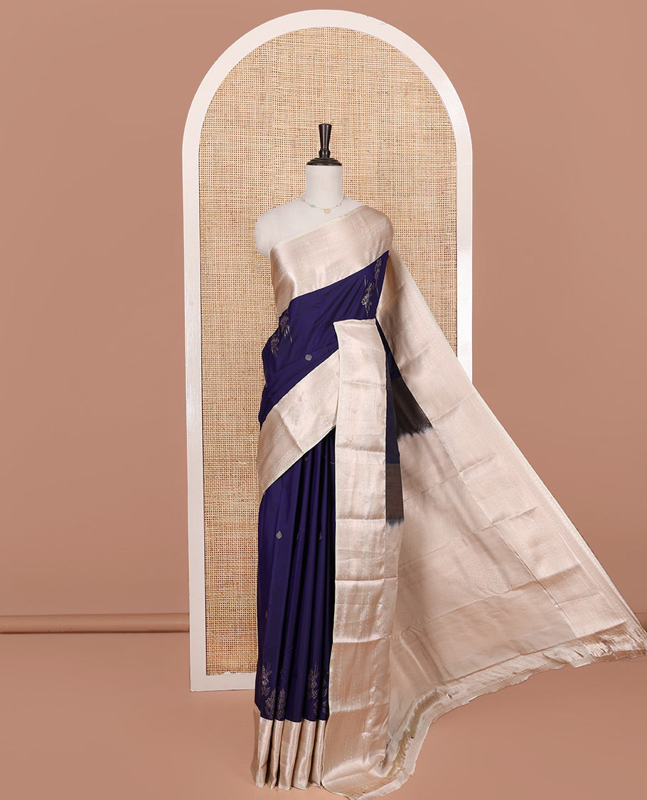 Blue Budget Silk Saree, Decorated with Zari Buttas on Its Body, Complemented by a Contrast Traditional Zari Design Border, Diagonally Designed Pallu, and Paired with a Contrast Blouse