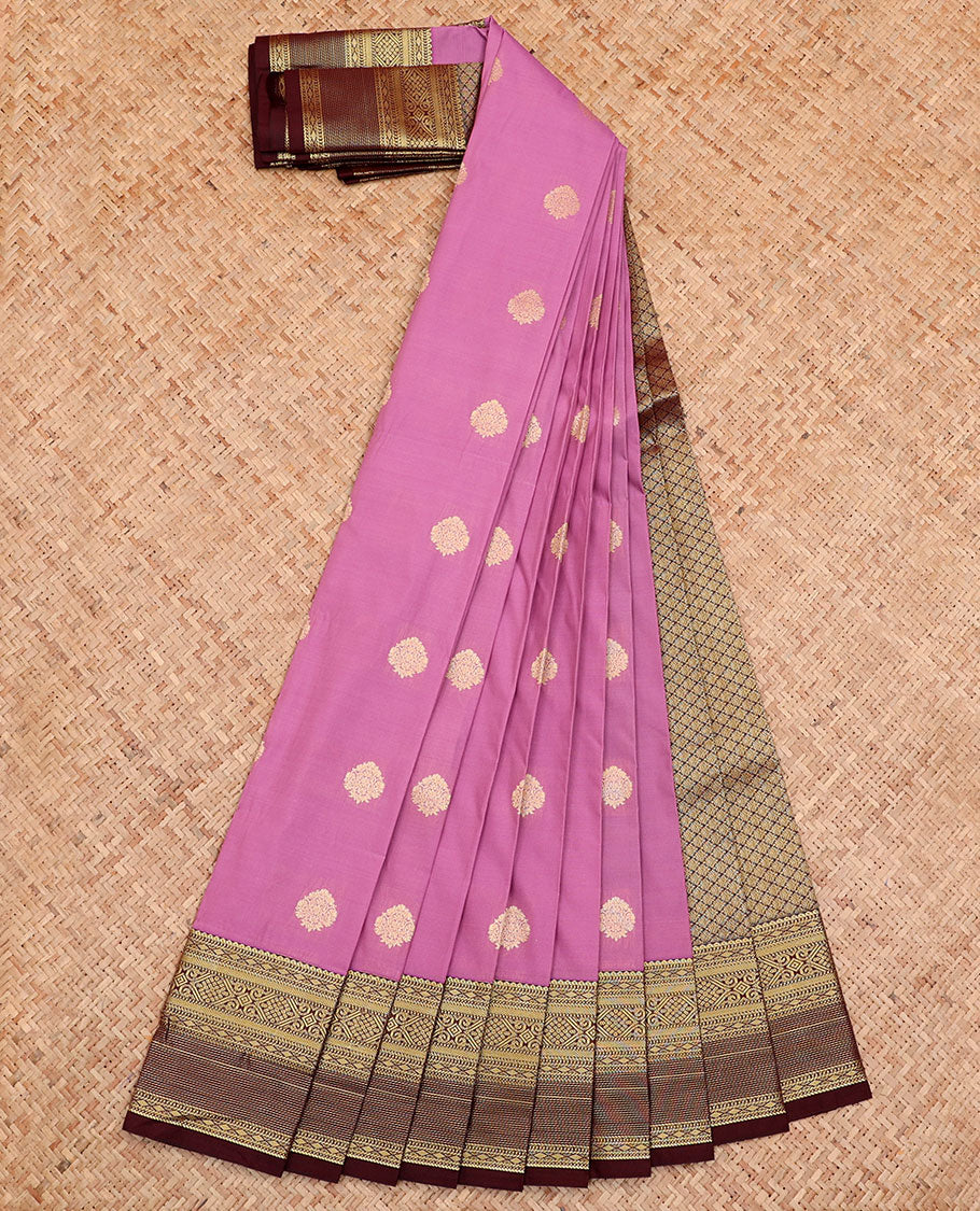 Pink Budget Silk Saree, Beautified with Buttas All Over Its Body, Complemented by a Contrast Traditional Zari Design Border, Pallu of Jaal Designs, and Paired with a Contrast Blouse