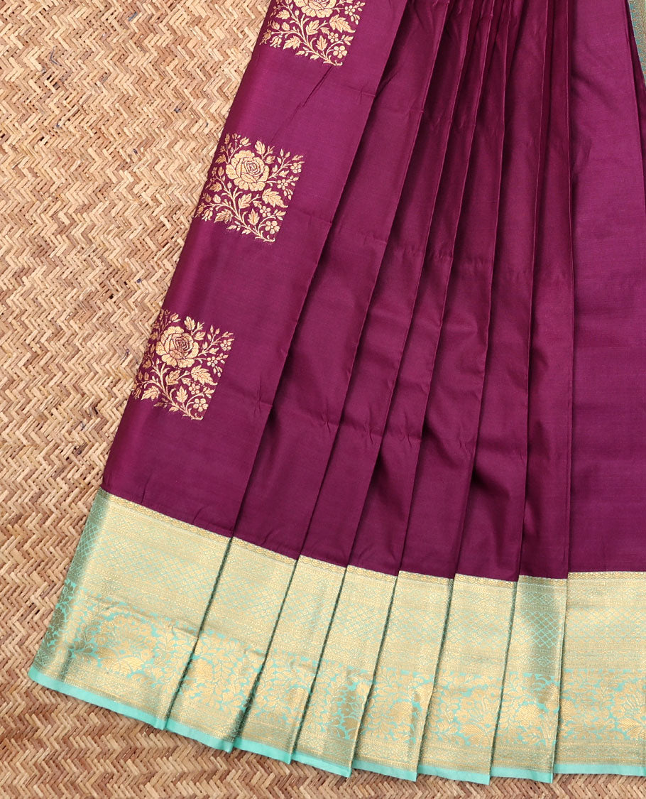 Wine Budget Silk Saree, Showcasing Zari Buttas, Complemented by Contrast Traditional Zari Border, a Grand Jaal Pallu and a Contrast Blouse