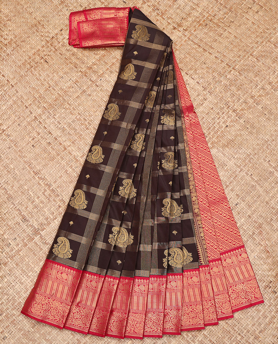 Brown Budget Silk Saree, Highlighted with Paisley Butta Enclosed Checks on Its Body, Complemented by a Contrast Traditional Zari Design Border, Grand Pallu, and Paired with a Contrast Blouse