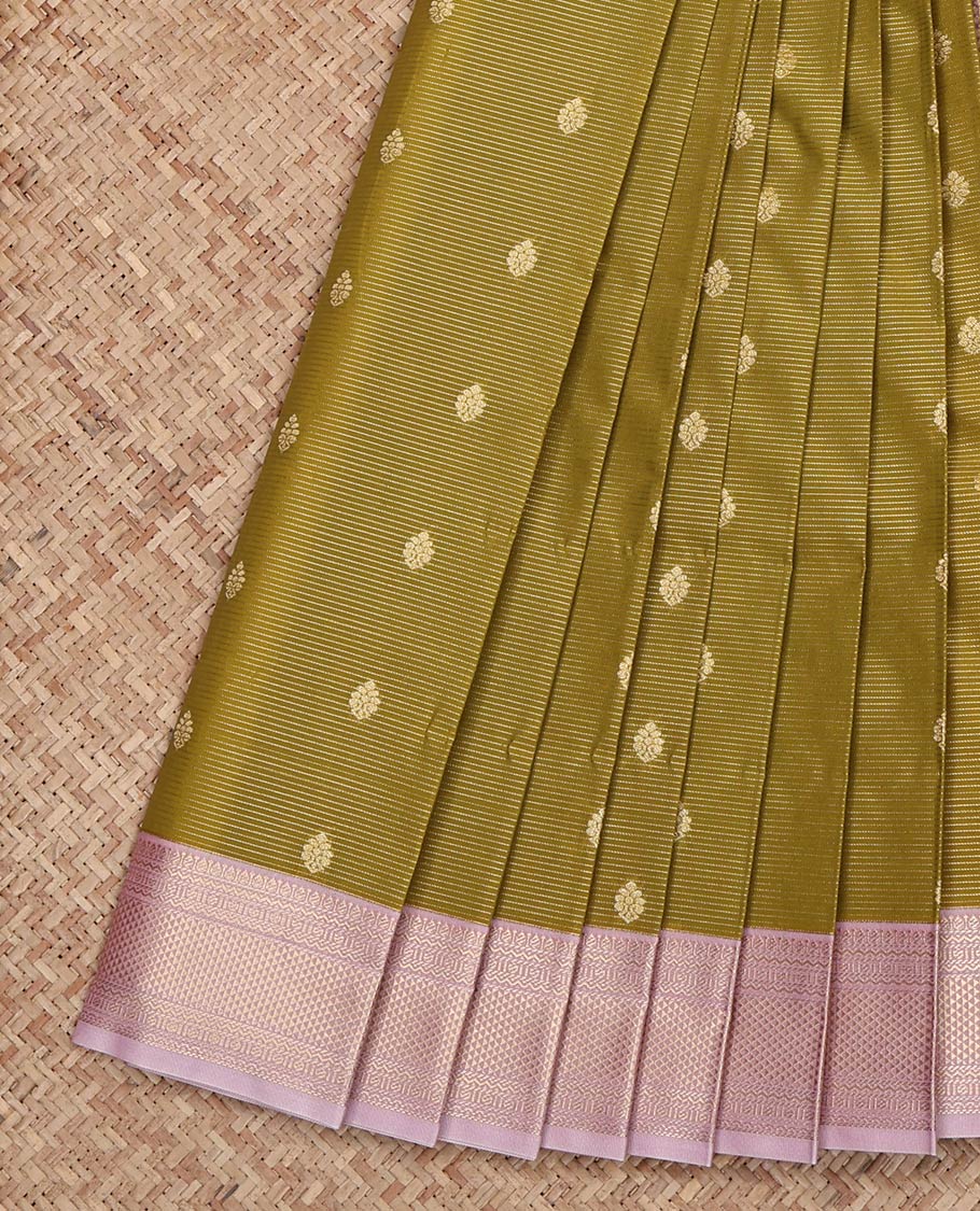 Green Budget Silk Saree, Detailed with Zari Buttas and Zari Stripes on Its Body, Complemented by a Contrast Traditional Zari Design Border, Grand Jaal Pallu, and Paired with a Contrast Blouse
