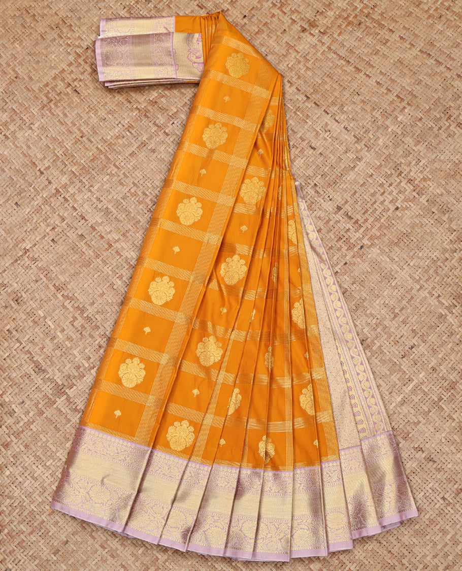 Yellow Budget Silk Saree, Sparsely Woven with Zari Butta Enclosed Checks on Its Body, Complemented by a Contrast Traditional Zari Design Border, Grandly Decked Up Pallu, and Paired with a Contrast Blouse