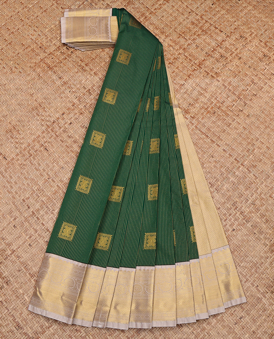 Green Budget Silk Saree, Embellished with Zari Buttas and Stripes, Complemented by Contrast Traditional Border, Grand Pallu and a Contrast Blouse