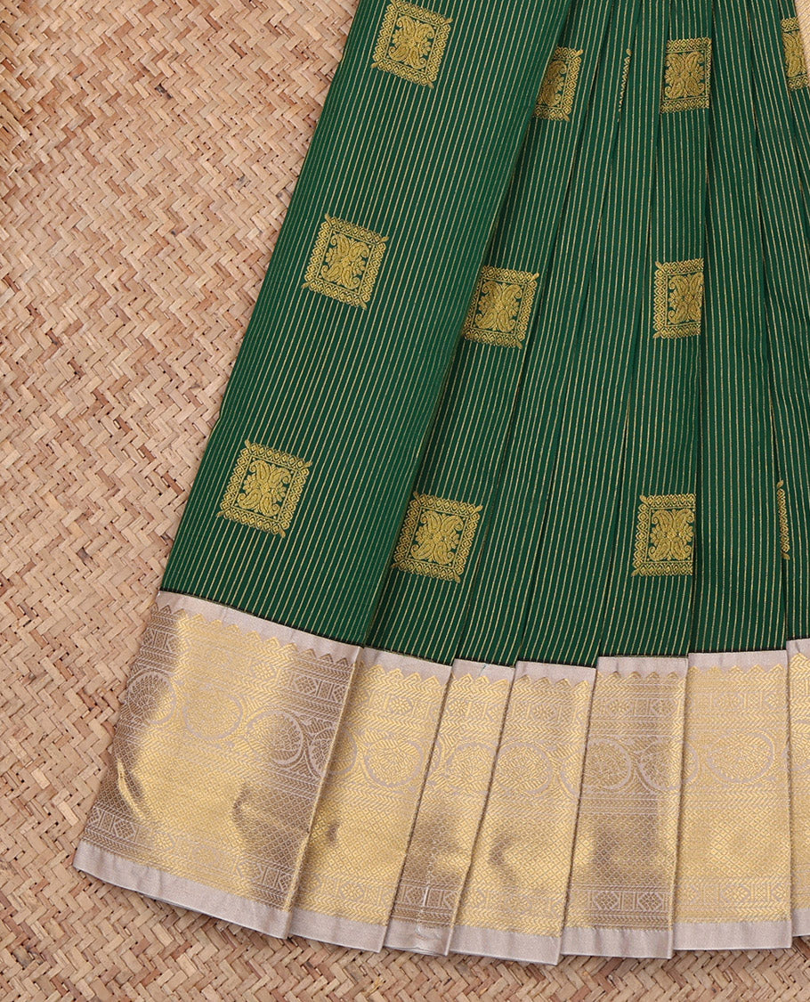 Green Budget Silk Saree, Embellished with Zari Buttas and Stripes, Complemented by Contrast Traditional Border, Grand Pallu and a Contrast Blouse