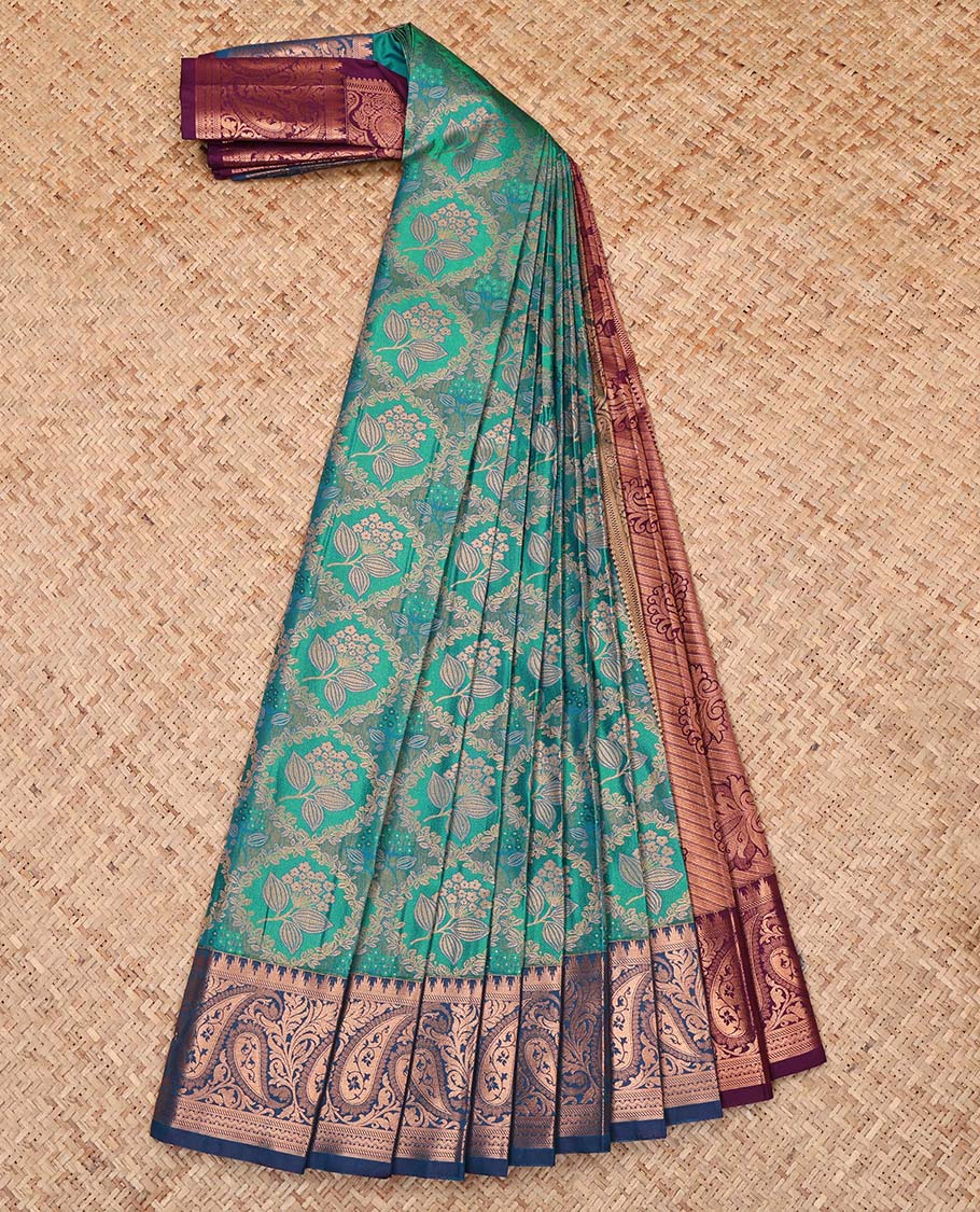 Blue Budget Silk Saree, Ornamented with Jacquard Design, Complemented by a Contrast Paisley Zari Border, Grand Pallu, and a Contrast Blouse