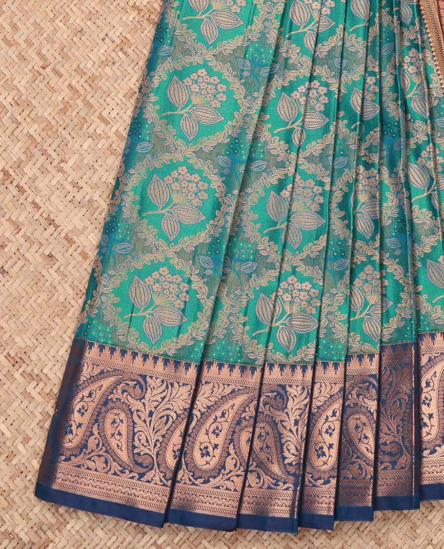 Blue Budget Silk Saree, Ornamented with Jacquard Design, Complemented by a Contrast Paisley Zari Border, Grand Pallu, and a Contrast Blouse