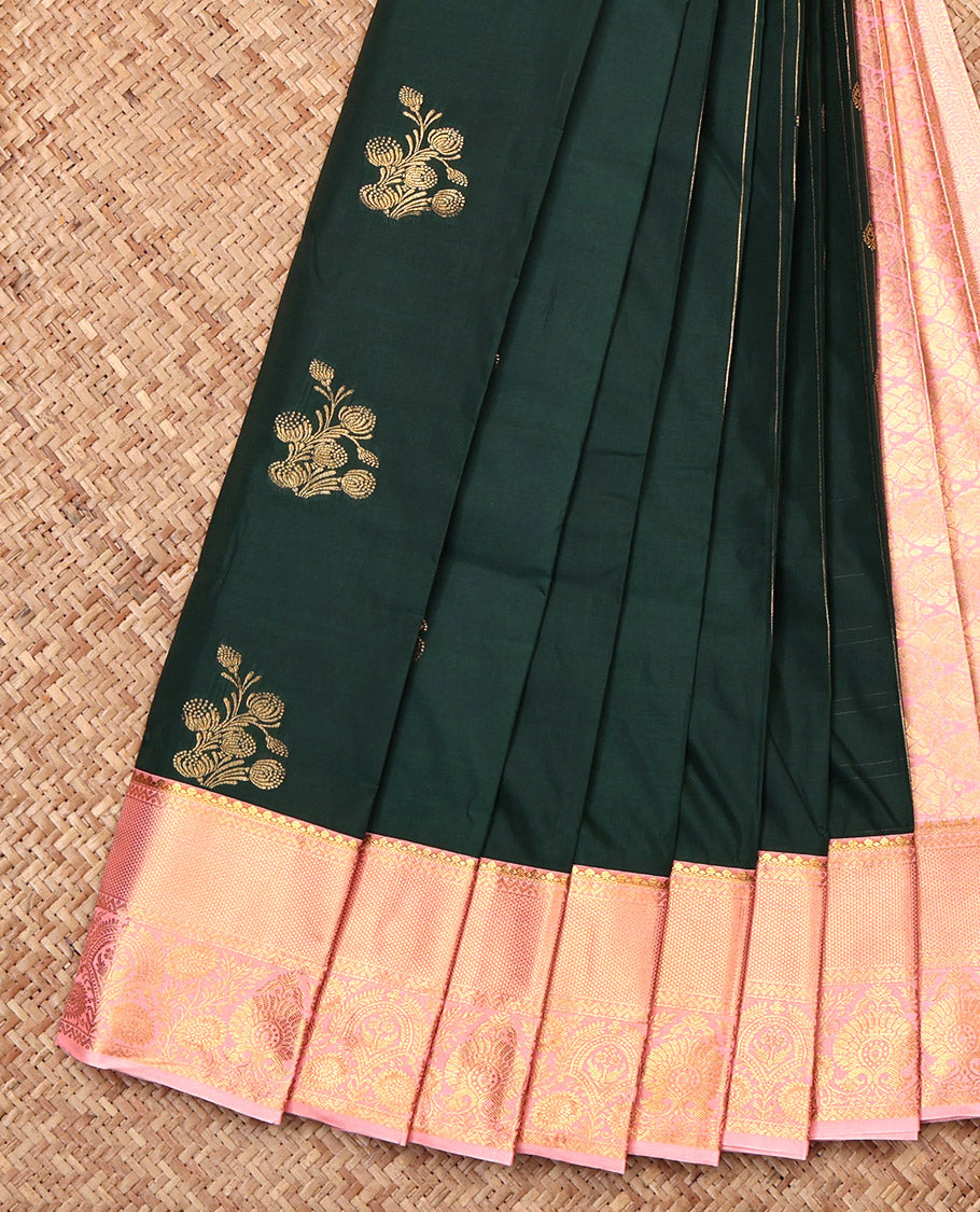 Green Budget Silk Saree, Meticulously Crafted with Zari Buttas, Complemented by a Contrast Traditional Border, Grand Pallu, and a Contrast Blouse