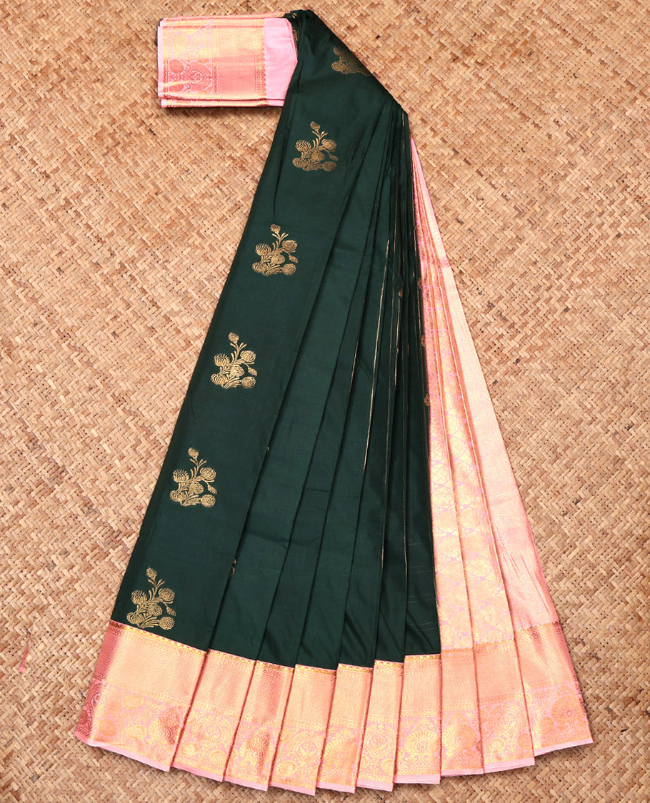 Green Budget Silk Saree, Meticulously Crafted with Zari Buttas, Complemented by a Contrast Traditional Border, Grand Pallu, and a Contrast Blouse