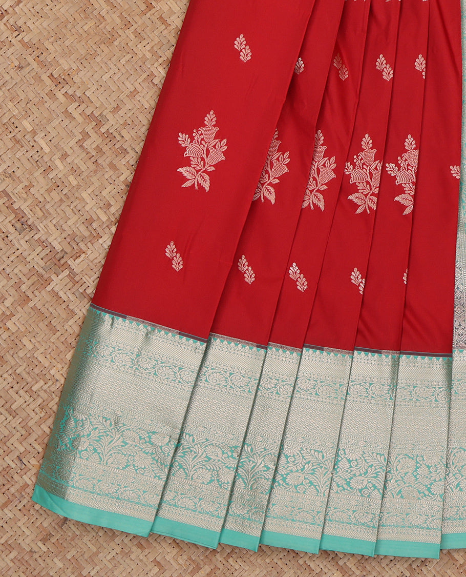 Rust Budget Silk Saree, Embellished with Zari Buttas, Complemented by a Contrast Traditional Zari Border, Grand Pallu, and a Contrast Blouse