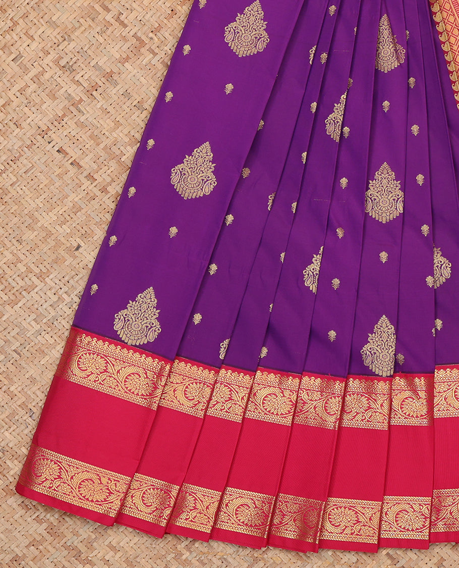 Purple Budget Silk Saree, Elevated with Zari Buttas, Complemented by a Contrast Traditional Rettai Pettu Zari Border, Grand Pallu, and Contrast Blouse