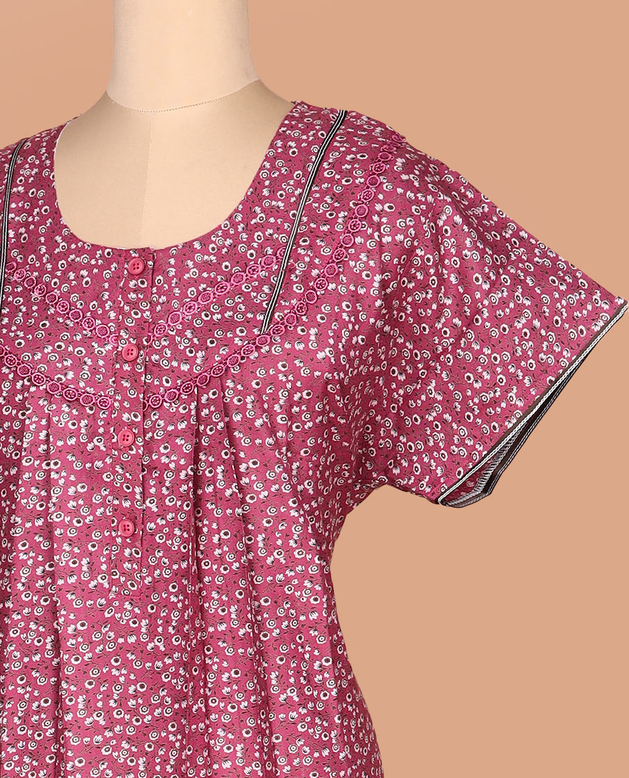 Wine floral motifs printed with round neck lace embroidered half-sleeve cotton nighty