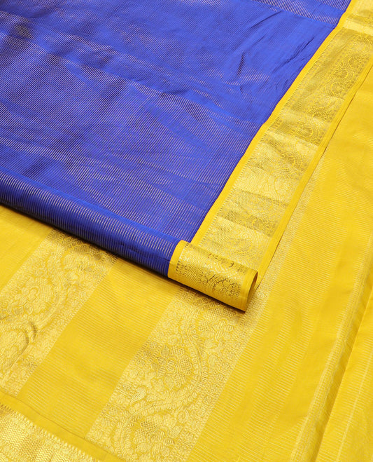 Blue zari striped nine-yard silk saree, contrast korvai border & pallu features rekku,muthu,rudraksham,vanki & kodi visiry designs